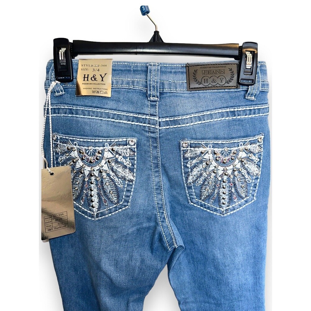 Rhinestone Bootcut Jeans Womens 3/4 Low Rise Light Wash Stretch